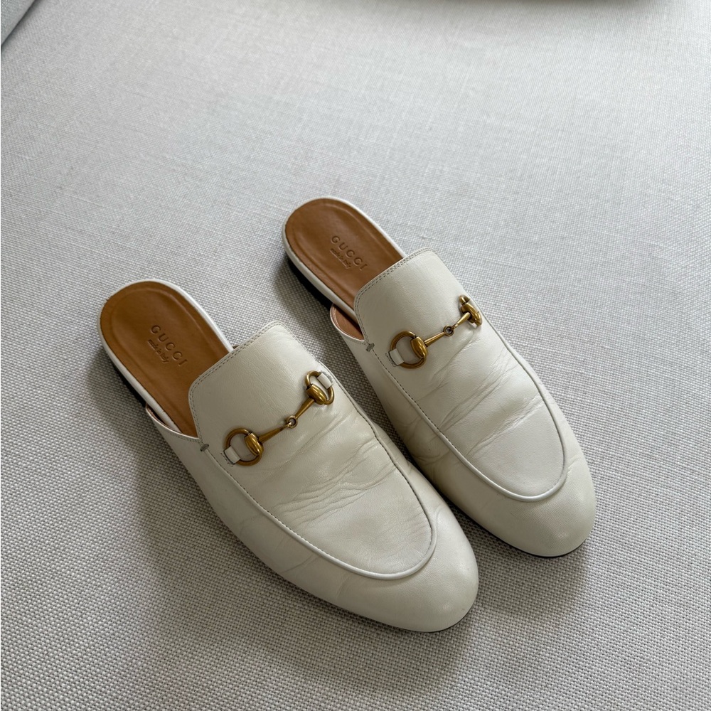 Gucci White and Gold Mules with Horsebit Detail